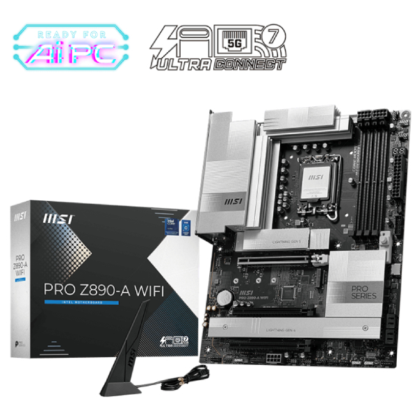  Z890 ATX Motherboard: 1851 Socket For Intel Core Ultra Processors<br>4x DDR5, 4x SATA 6Gb/s, PCIe 5.0, 1x M.2 Gen5 + 3x M.2 Gen4, Thunderbolt 4, 5GbE LAN, Wi-Fi 7 + Bluetooth 5.4, Realtek ALC1220P Audio, 2x Thunderbolt 4/HDMI  